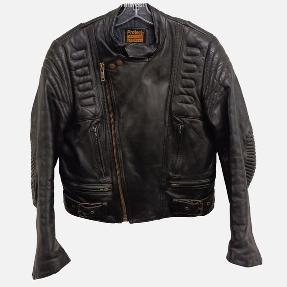 Vtg Protech Leather Jacket Mens 38 Black Harley Patch Motorcycle Riding Biker